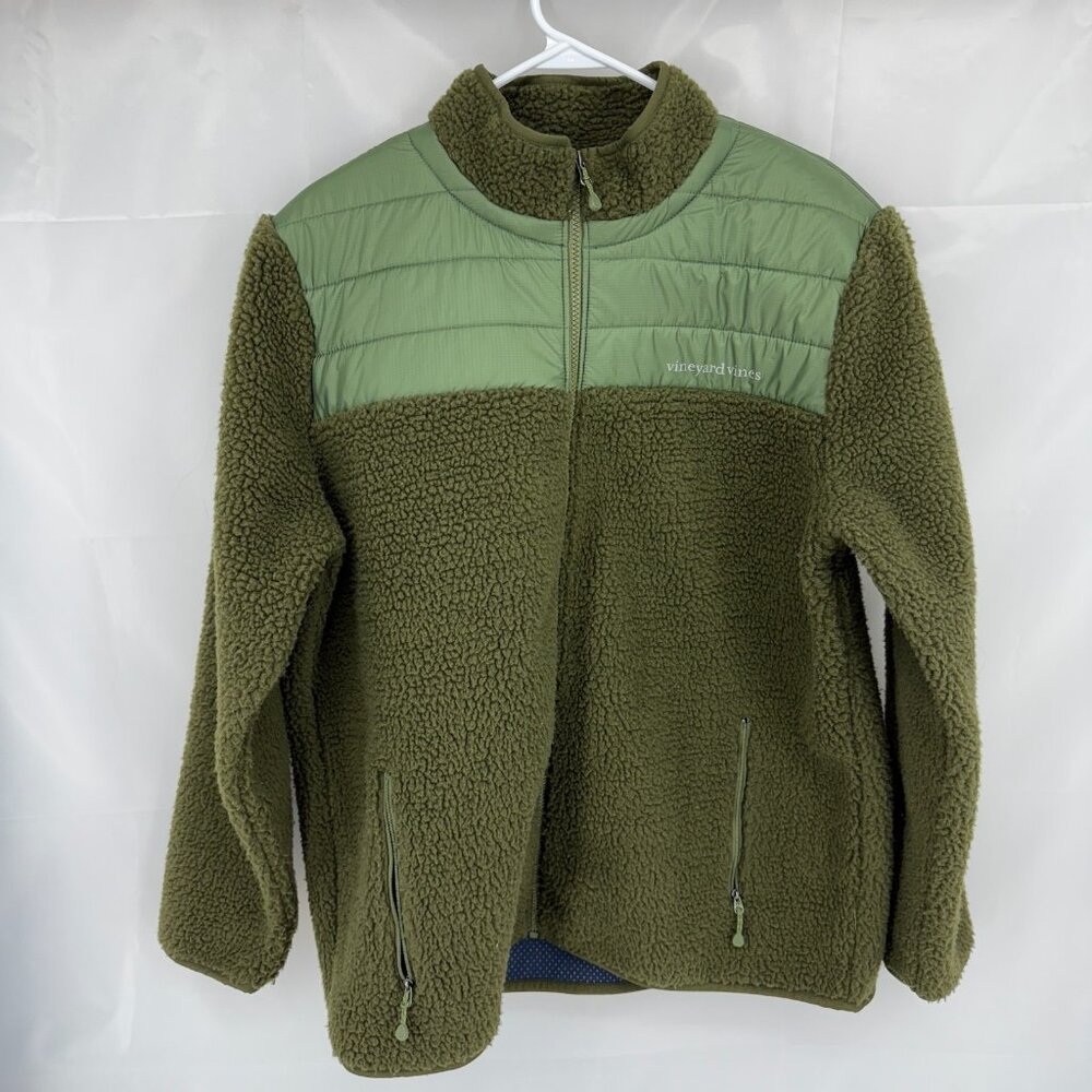 Vineyard Vines Men L Sherpa Fleece Jacket Full Zip Olive Green Soft Long Sleeve